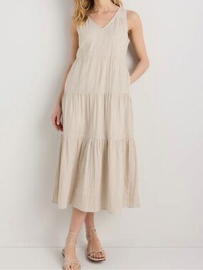 Quince Cream Gingham Tiered Midi Dress